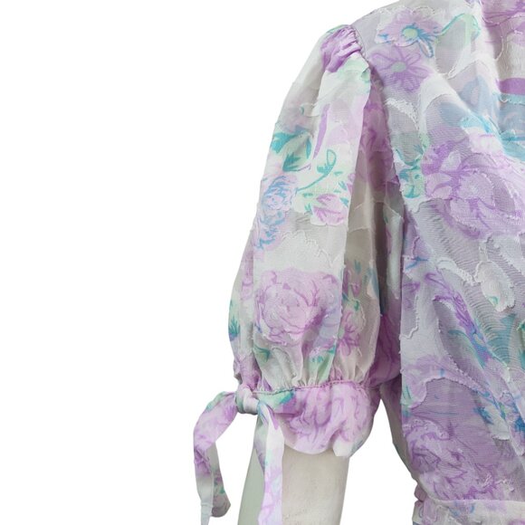 Skies Are Blue Cleo Coquette Puffy Tie Sleeve Floral Jacquard Wrap Dress S NWT - Picture 11 of 14